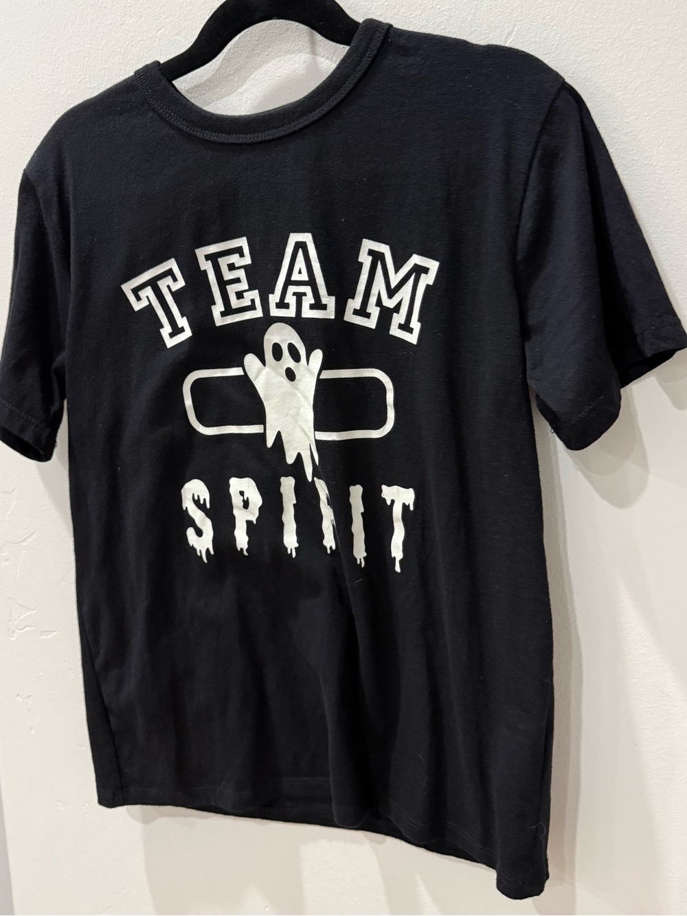 Place Black Tee with White 'Team Spirit' Ghost Graphic